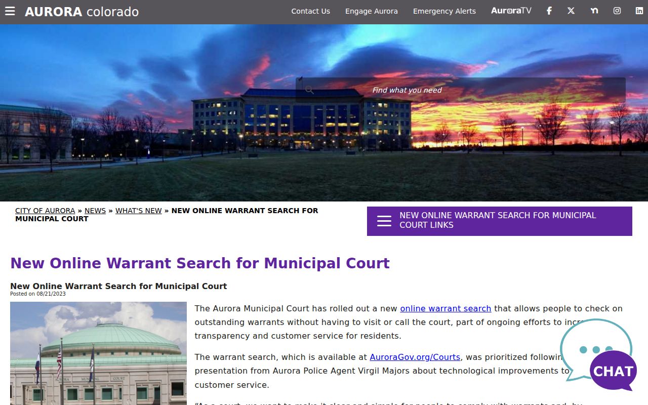 Aurora court records online municipal warrant search launch
