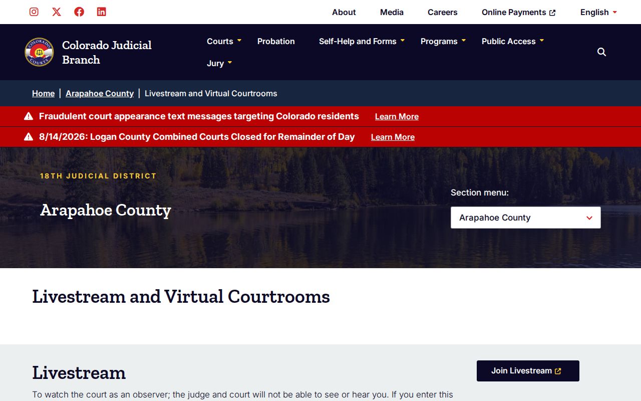 Arapahoe County virtual court calendar directory