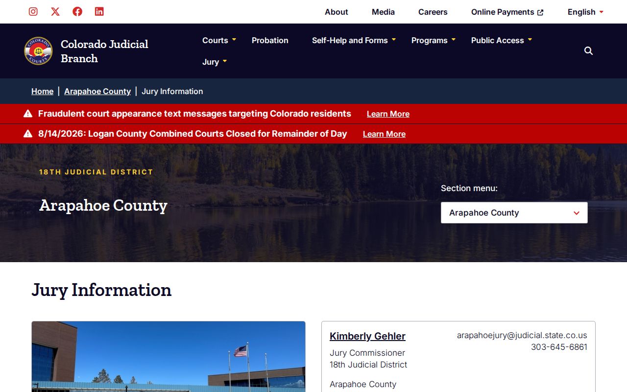 Arapahoe County court calendar location information
