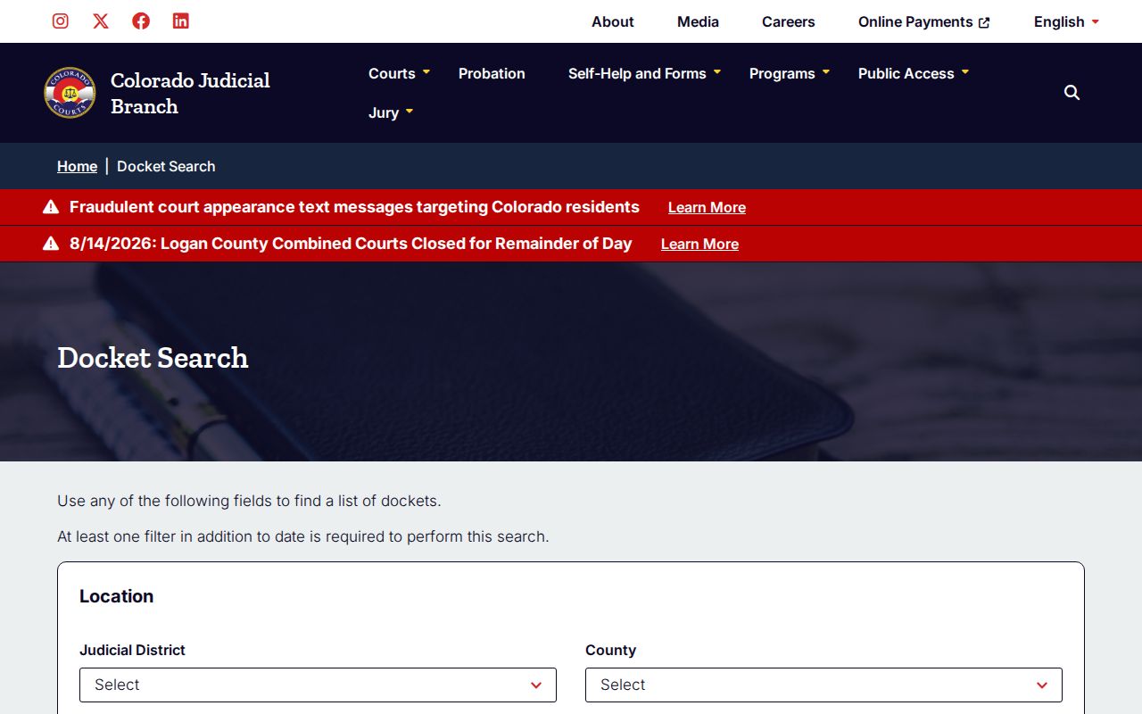 Arapahoe County court schedule search form
