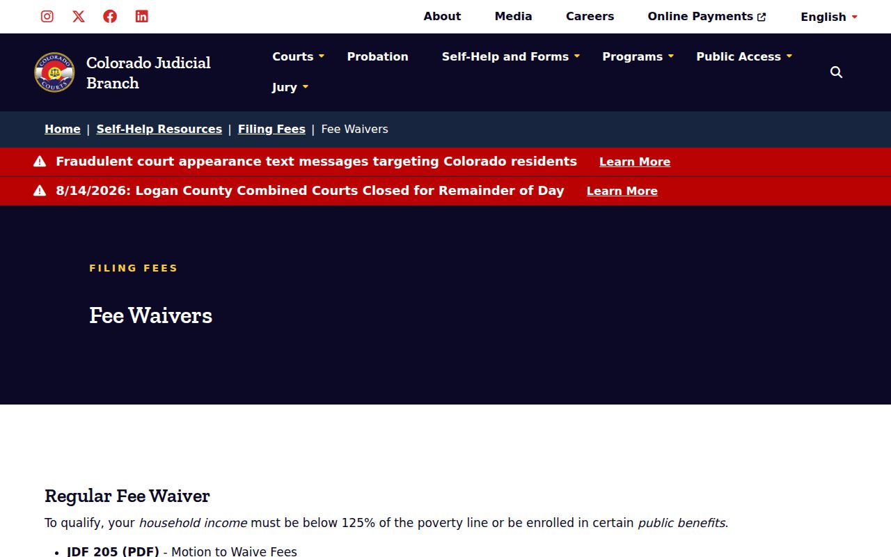 Arapahoe County civil docket fee waiver information