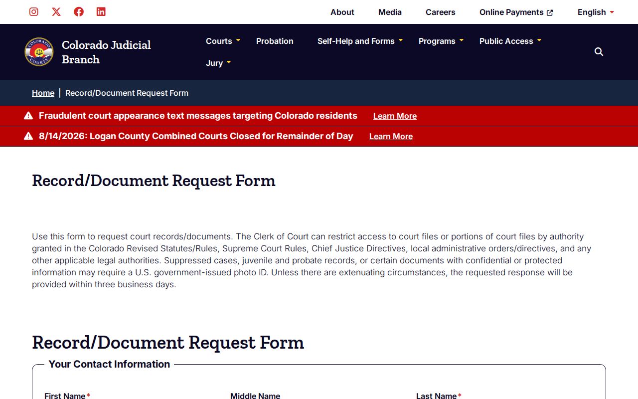 Arapahoe County court case records request form
