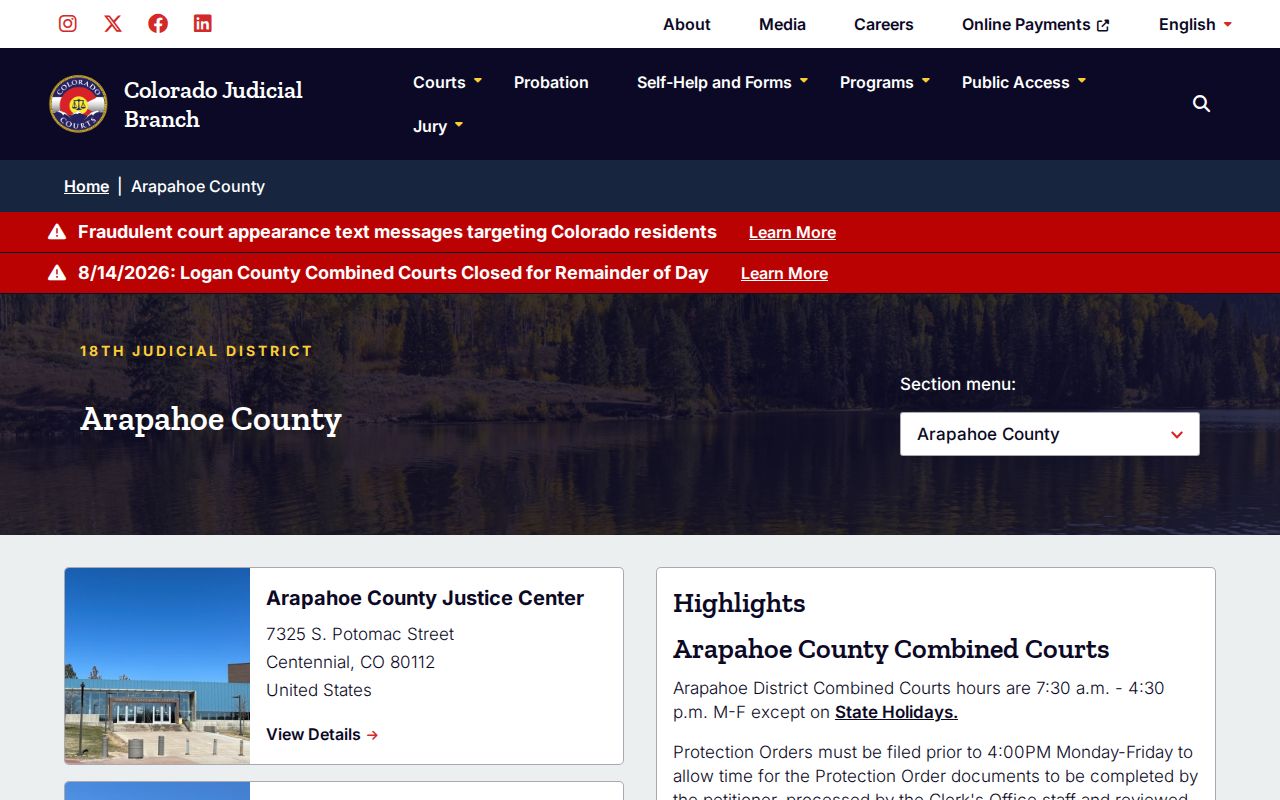 Arapahoe County court docket access on the Combined Courts page