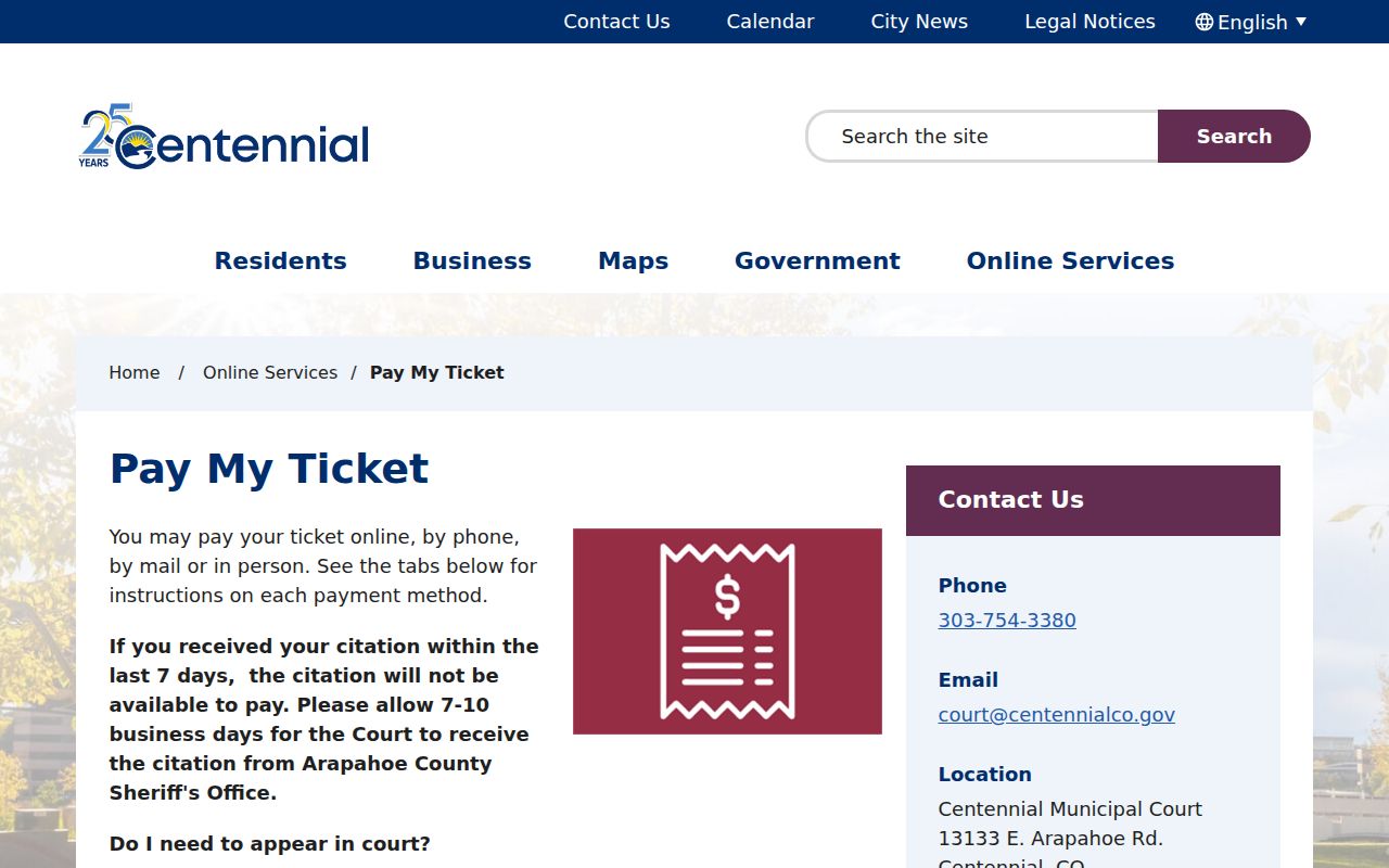 Arapahoe County traffic court Centennial ticket portal